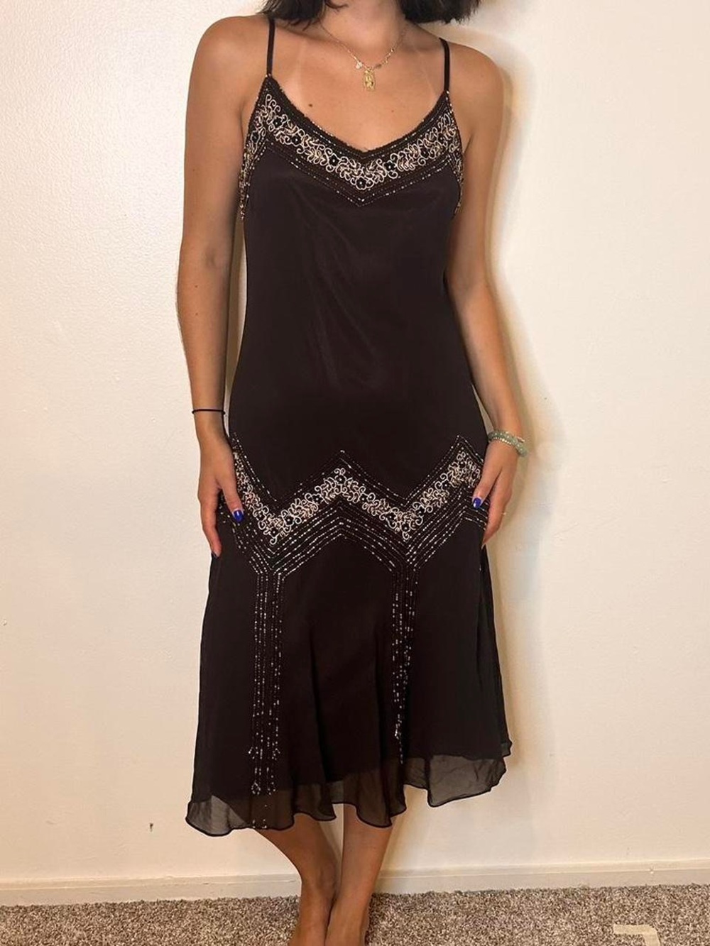 J Kara Vintage Size 14 Black Sequin Beaded Midi Slip‎ Dress Fairy Whimsigoth